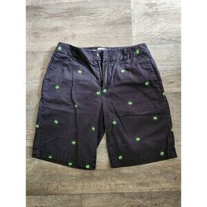 BAMBOO TRADERS Womens Shorts Size 10P Black Print Palm Trees Embroidered Cotton